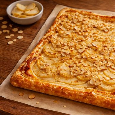 White wine poached pear and goat cheese puff pastry tart topped with sliced almonds on a rustic wood
