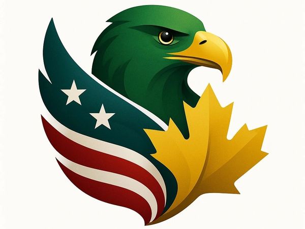 A stylized eagle with American flag wing and a golden maple leaf.
