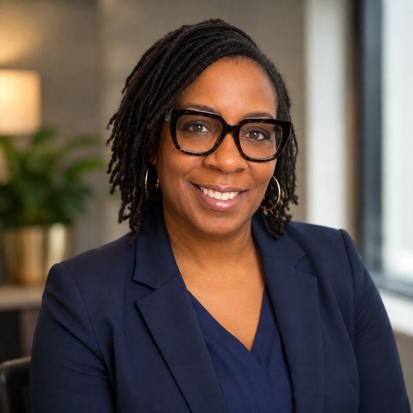 Smiling woman in glasses and navy blazer.