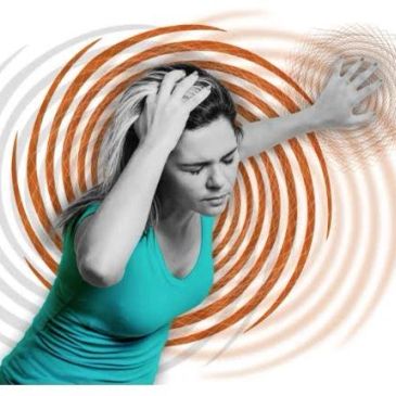 Woman experiencing dizziness or headache with visual spiral effect.