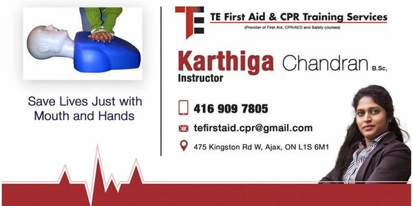 Business card for Karthiga Chandran, CPR and first aid instructor in Ajax, ON.