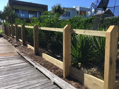 200 x 75mm Treated Pine posts, Pine rails and sleepers with 1200mm high black Chainwire.