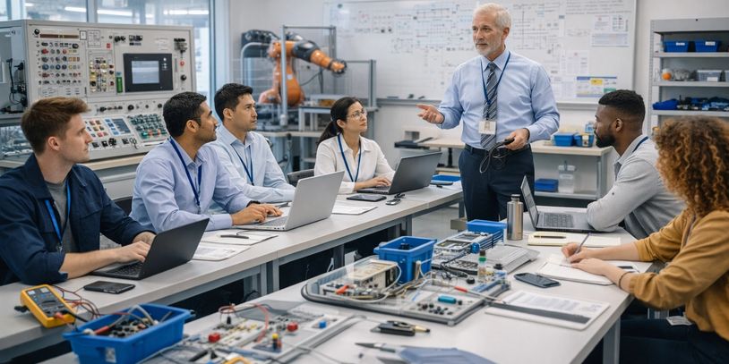 Engineer leading a technical meeting with diverse team around laptops and electronic equipment.