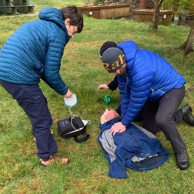 Two people performing CPR on a man lying on grass outdoors.