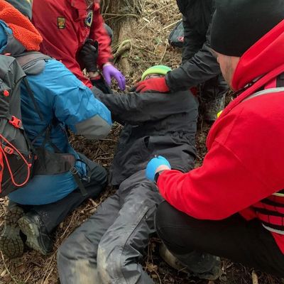 Rescue team assisting an injured person on a forest trail.