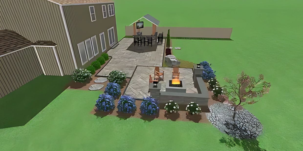 3D Design of a backyard living space such as a patio and firepit.