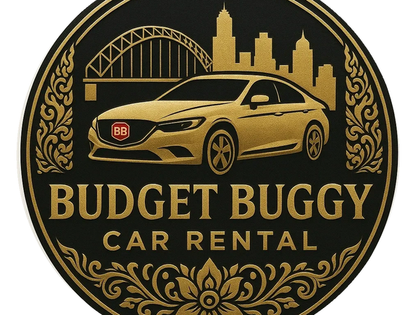 Elegant gold and black logo for Budget Buggy Car Rental.