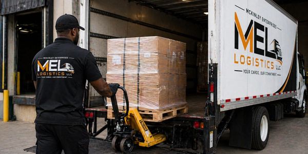 Worker loading a pallet onto a MEL Logistics truck using a pallet jack.
