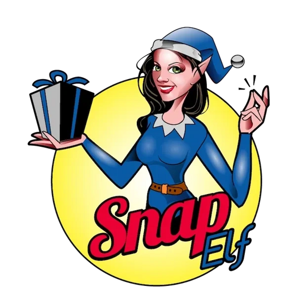 SnapElf Logo. An elf holding a gift wrapped box in right hand & snapping her fingers with the left.