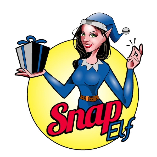 SnapElf Logo. An elf holding a gift wrapped box in right hand & snapping her fingers with the left.