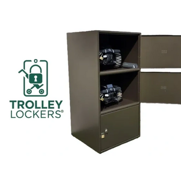 Metal trolley lockers with three compartments, two open with trolleys inside, and one locked.