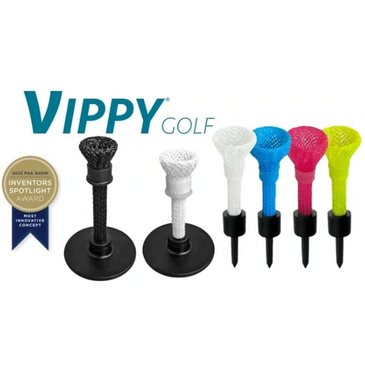 Vippy Golf tees next to the award for PGA Show "Most Innovative Concept"