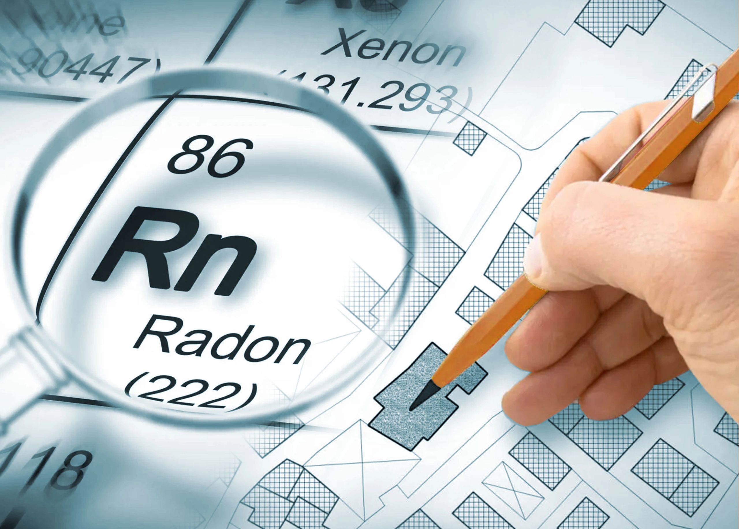 Magnified Radon element symbol with a hand marking a map, highlighting radon detection.