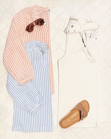 LL Bean striped blouse, Birkenstock, Liverpool white jeans