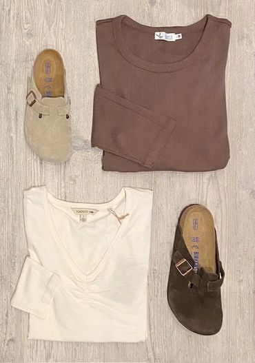 Brown Carve Designs shirt, Birkenstock Boston, Toad&Co White shirt