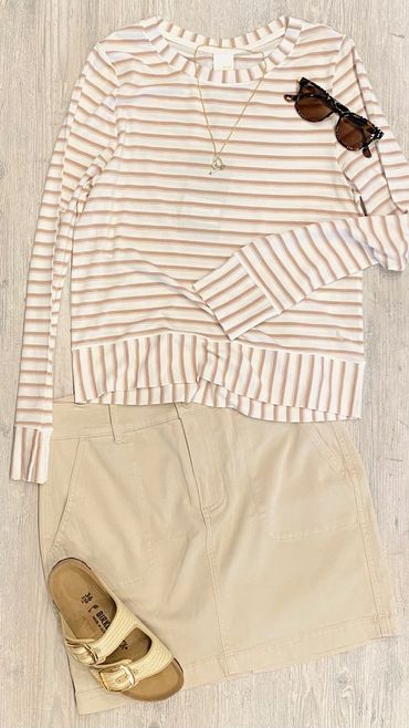 Lole striped longsleeve top, Sunski sunglasses, Liverpool Skort with shorts, Birkenstock
