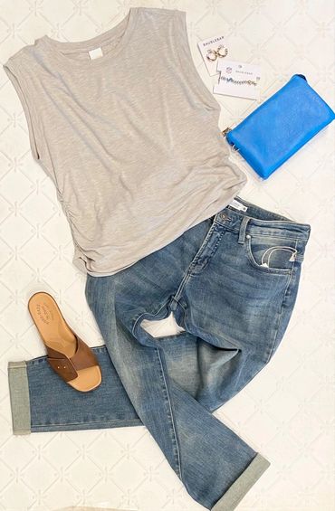 Carve Designs Girlfriend jean, Lole gray sleeveless top, BaubleBar earrings, BaubleBar bracelet, blu