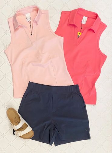 Pink Lole sleeveless activewear top, Lole activewear shorts, Birkenstock