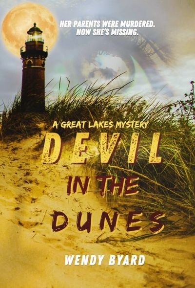 Book cover for "Devil in the Dunes" shows a lighthouse and dunes under a full moon.