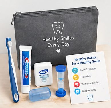 Dental care kit with toothbrush, toothpaste, floss, timer, and pouch.