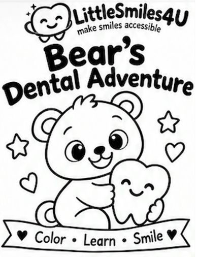 Cute bear hugging happy tooth for dental adventure.
