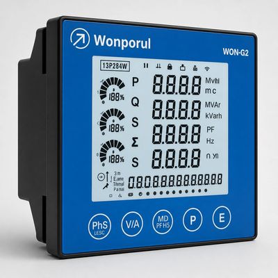 Digital electrical power meter with blue front panel and multiple measurement indicators.