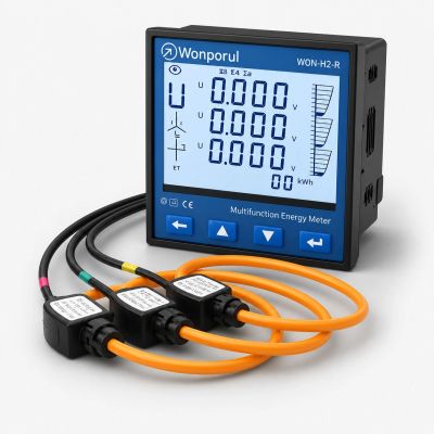 The Wonporul multifunction energy meter with three attached orange current sensors.