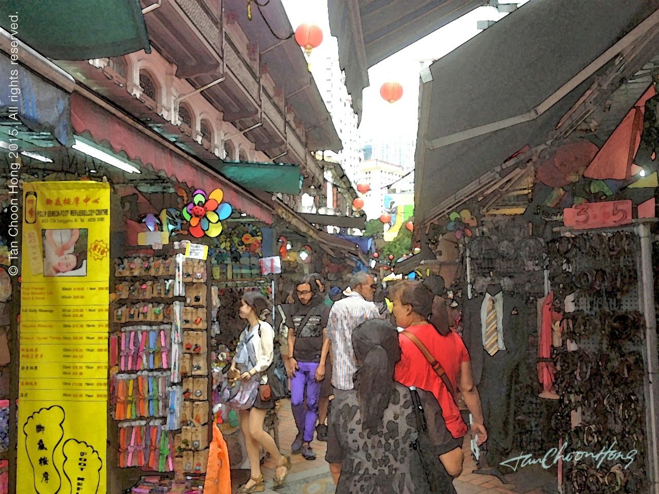 Digital painting of street stalls in Singapore's Chinatown tourist haunt, bursting with souvenirs an