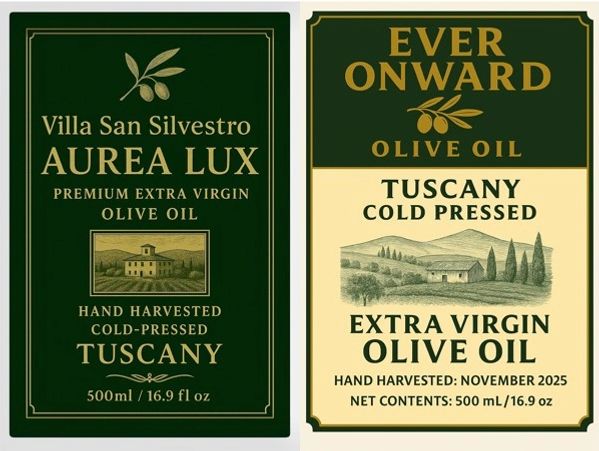 Two elegant olive oil labels from Tuscany featuring traditional designs and premium quality details.