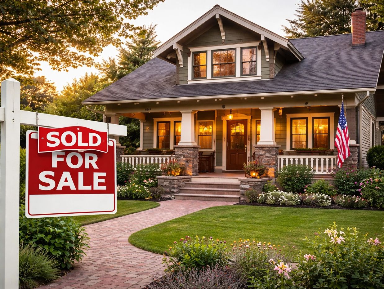 Charming house with a sold sign in front and warm lights glowing inside.