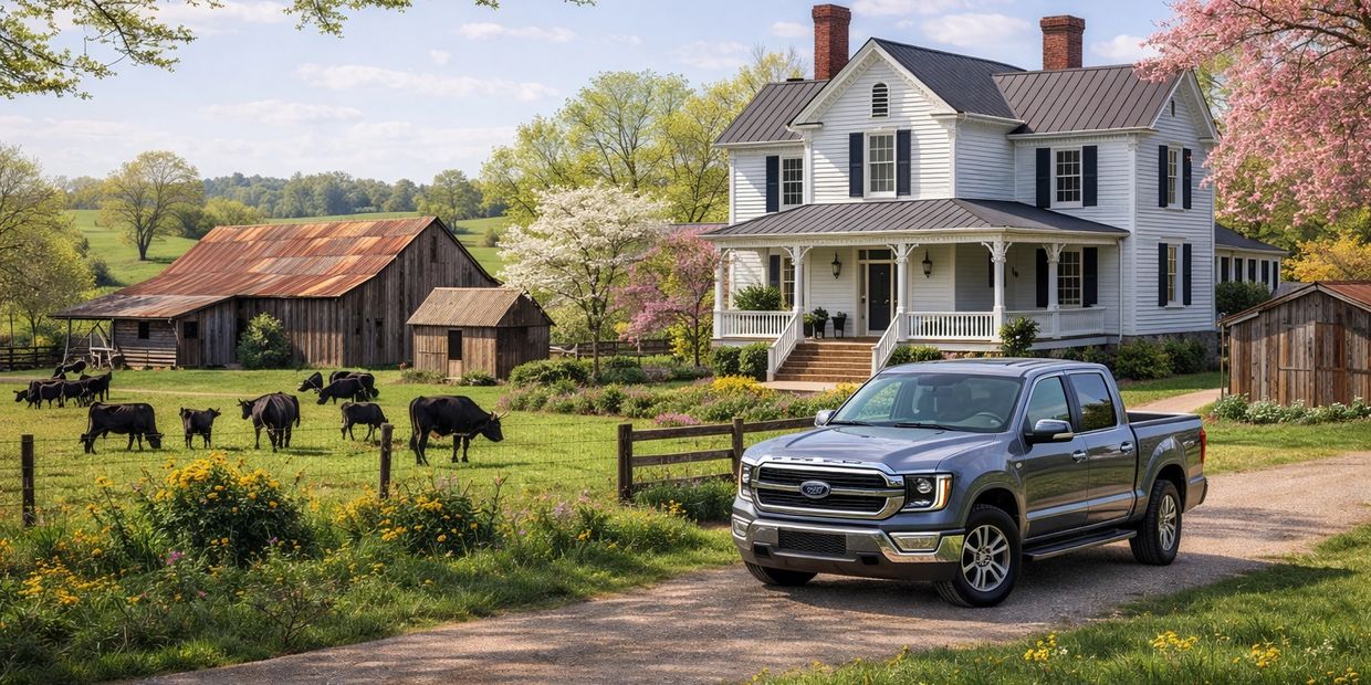 A blue pickup truck parked on a country road near a white farmhouse and grazing cows.