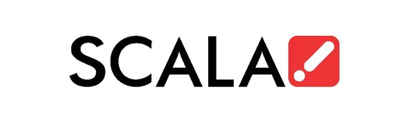 SCALA logo with a red icon featuring a white exclamation mark and dot.