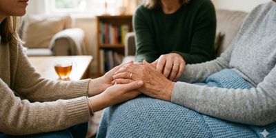 A person holding an elderly person's hands warmly in a cozy living room.