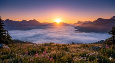 Sunrise over misty mountains with wildflowers in the foreground.