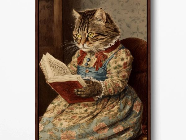 A cat wearing a floral dress reading a book while sitting on a chair.
