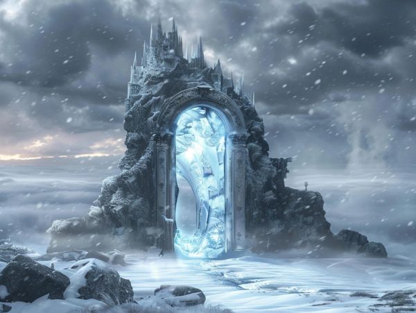 A glowing icy portal set in a snowy, rocky mountain under a stormy sky.