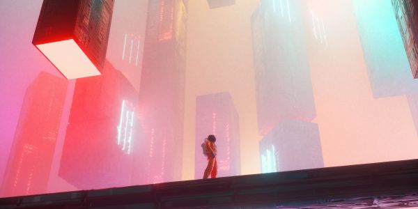 A person stands on a platform surrounded by glowing floating buildings in a futuristic cityscape.