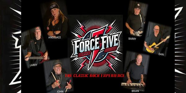 Classic rock band Force Five with six members posing with instruments.
