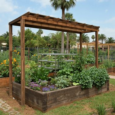Wooden pergola over a lush raised garden bed with various plants and greenery.