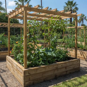 Raised garden bed with wooden trellis and green plants under a sunny sky.