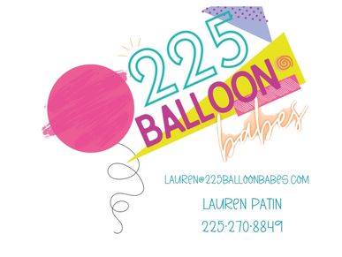 Colorful business card for 225 Balloon Babes with contact details and balloon graphic.
