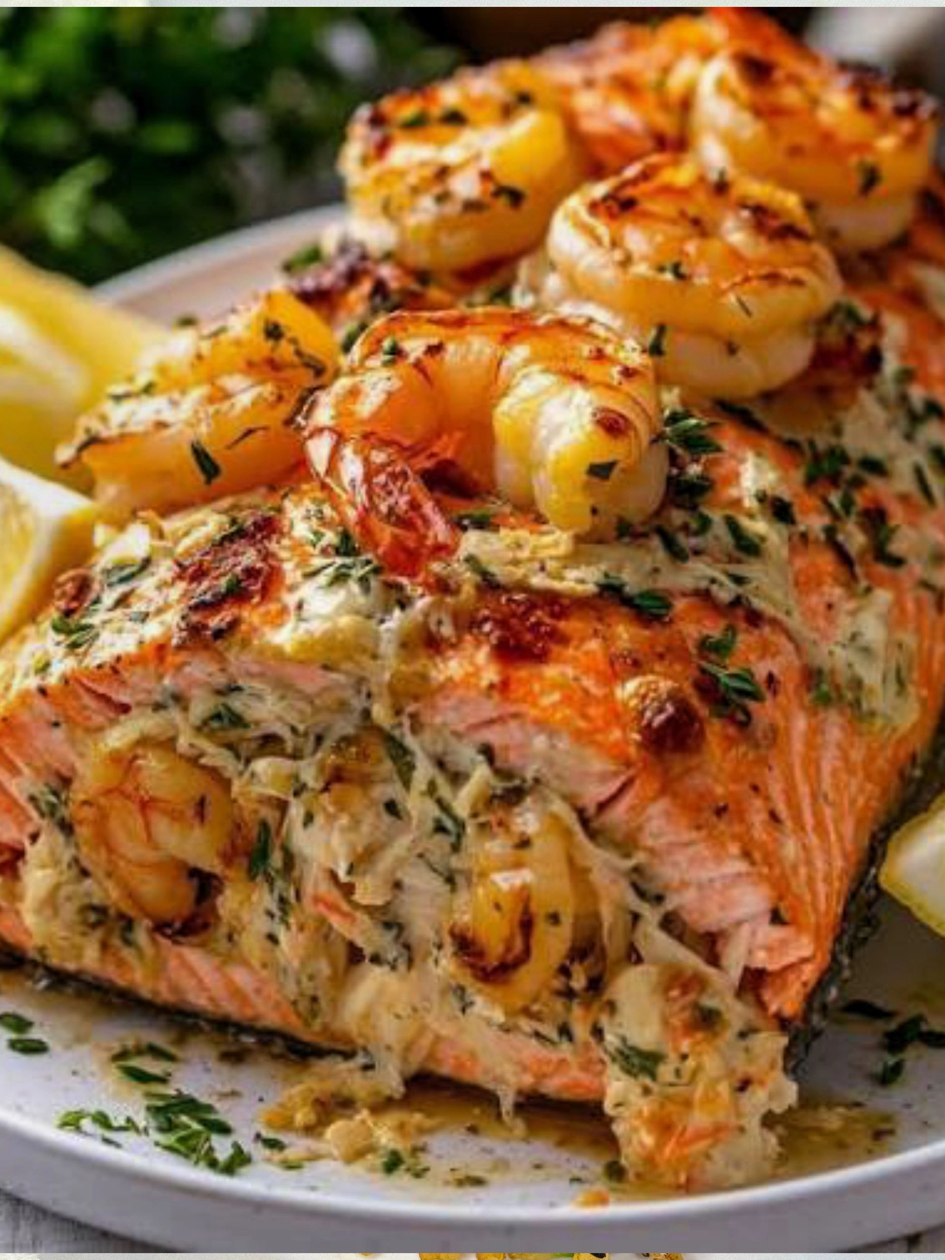 Grilled salmon topped with shrimp and creamy herb sauce.