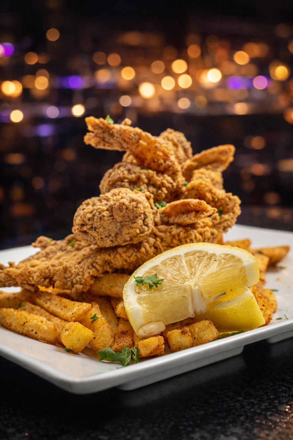 Plate of crispy fried chicken wings with seasoned fries and lemon wedge.