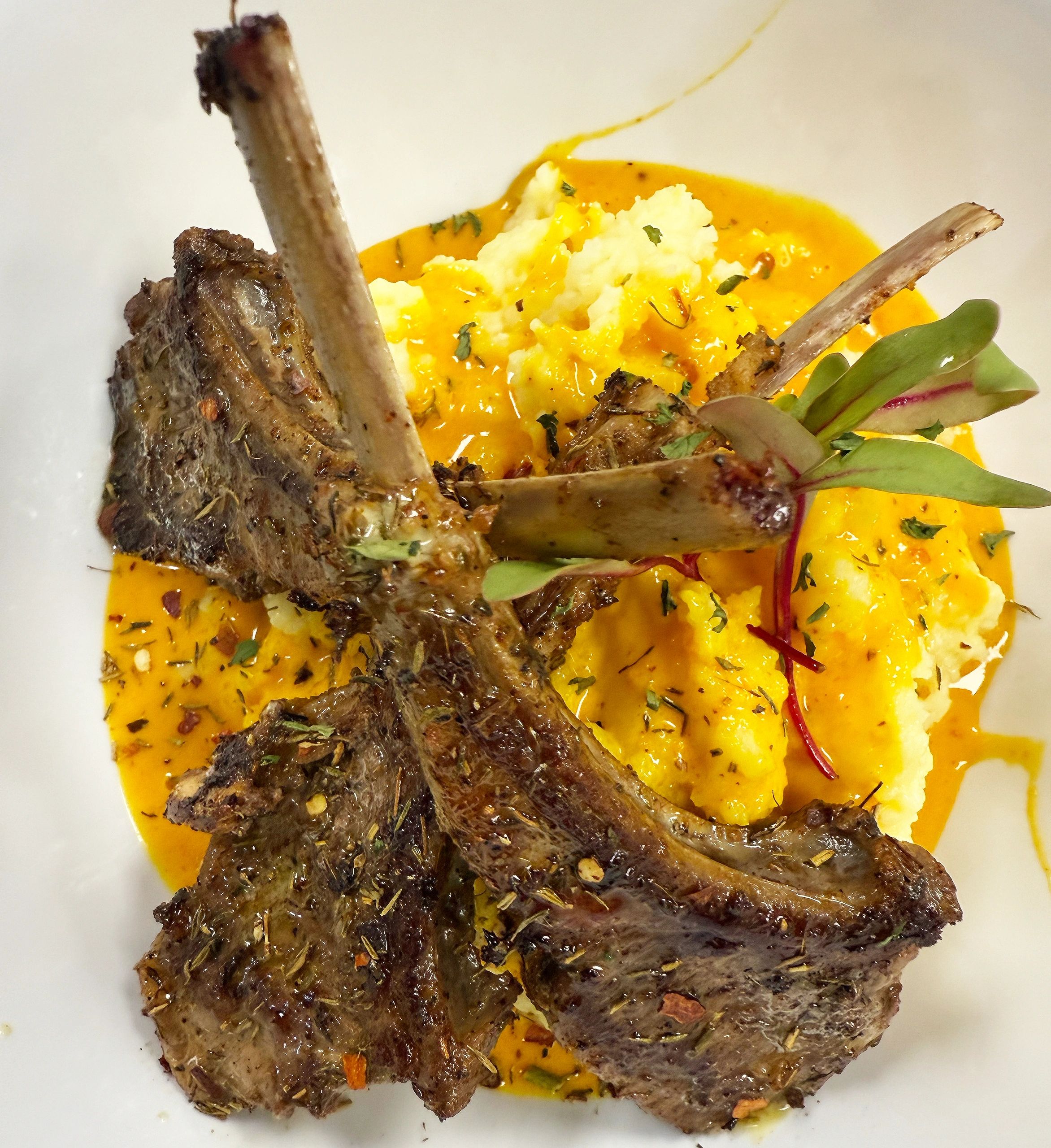 Grilled lamb chops served with mashed potatoes and a vibrant orange sauce.