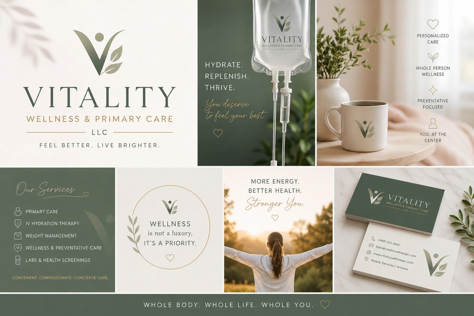 Wellness and primary care branding with logo, services, and contact information.