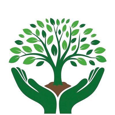 Green hands holding a thriving tree symbolizing care for nature.