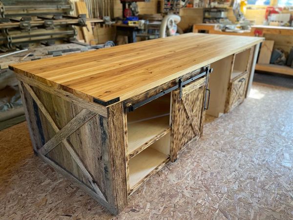 Large custom farm house kitchen island with shou sugi ban finish