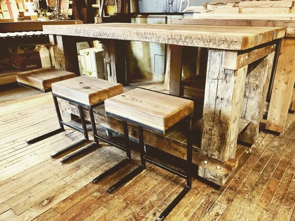 Reclaimed barn wood kitchen island with seating