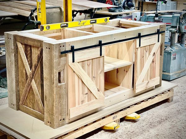 Reclaimed Oak Kitchen Island with sliding barn doors