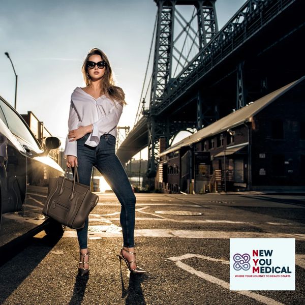 Stylish woman posing confidently under a bridge during golden hour with a chic handbag.